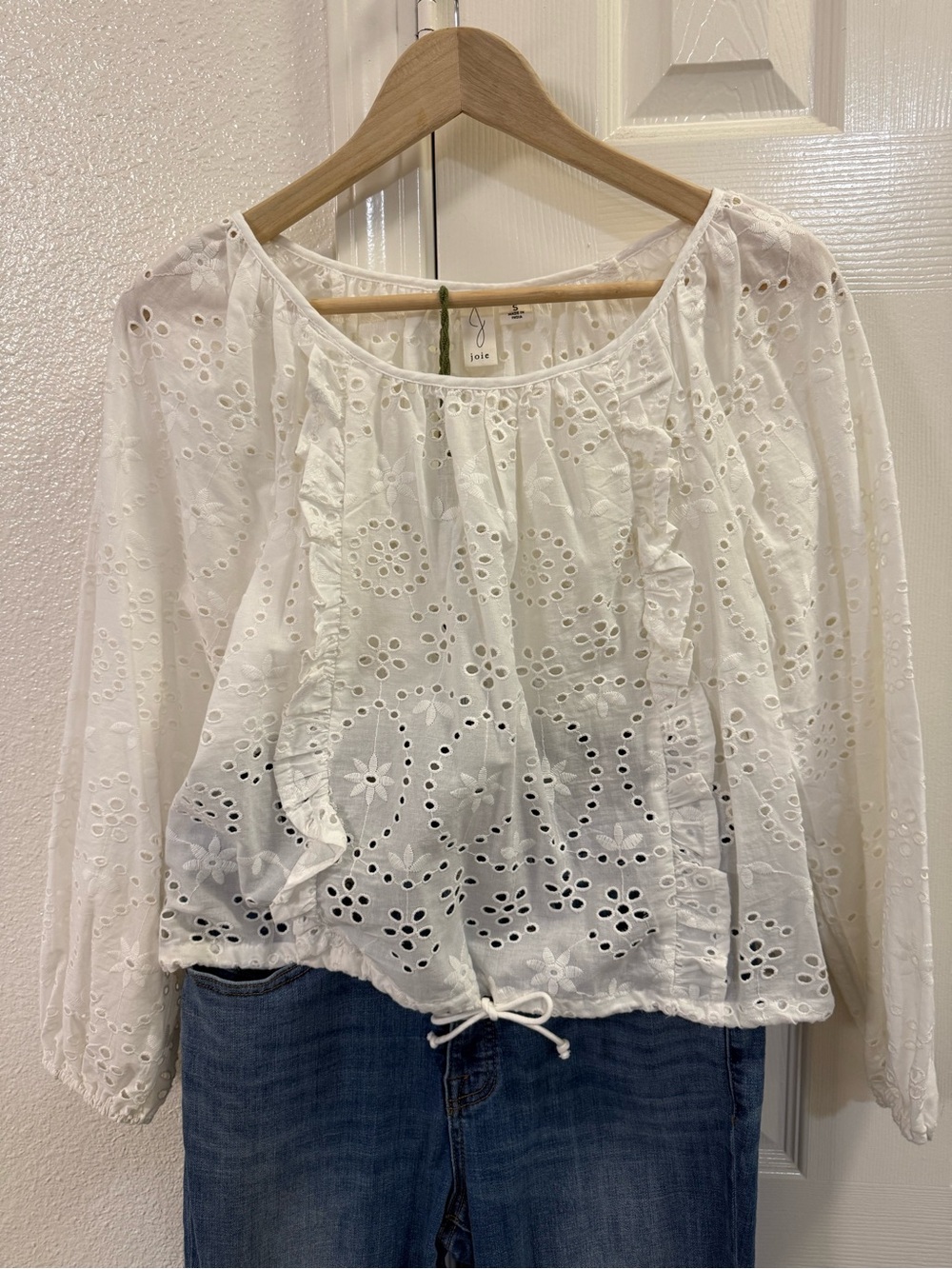 Joie White Eyelet Ruffle Drawstring Peasant Blouse